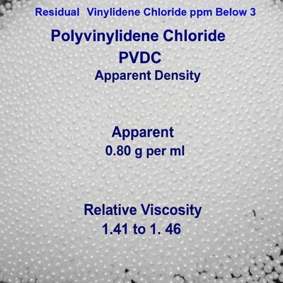 Residual Vinylidene Chloride ppm Below 3 Polyvinylidene Chloride PVDC Apparent Density 0.80 g per ml Relative Viscosity 1.41 to 1.46